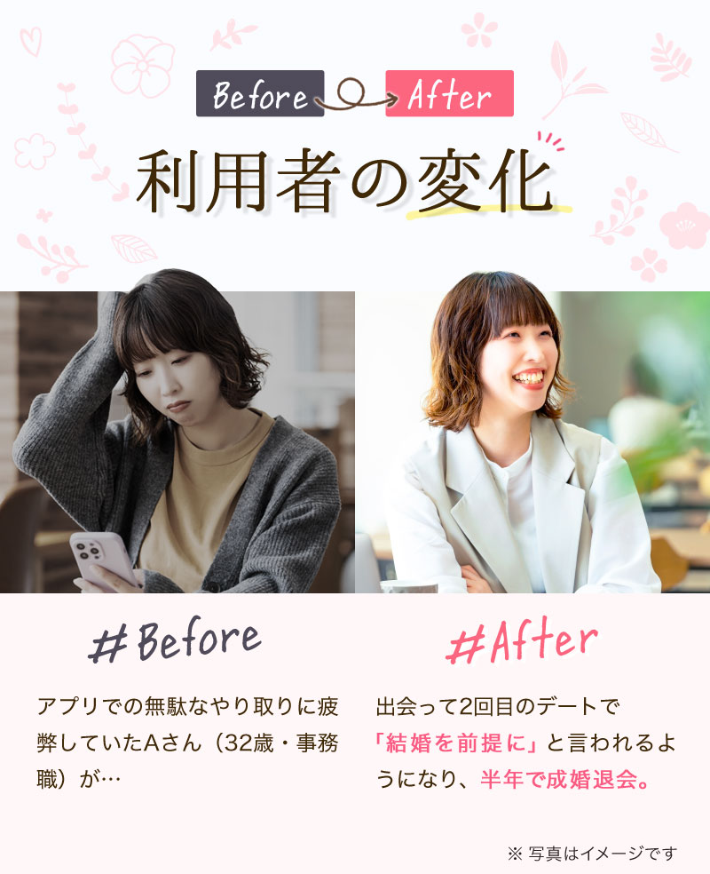 Before → After（利用者の変化）
Before: アプリでの無駄なやり取りに疲弊していたAさん（32歳・事務職）が…
After: 出会って2回目のデートで「結婚を前提に」と言われるようになり、半年で成婚退会。